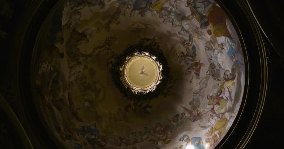 A domed ceiling is covered with a painted mural