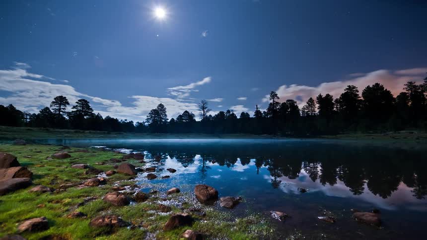 The moon and clouds move across the sky over a pond