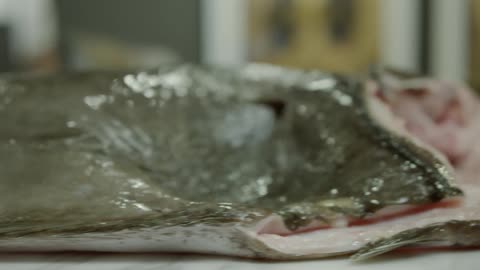 The kitchen has a large fish on the table