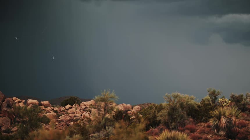 Lightning snakes across the sky above a desert