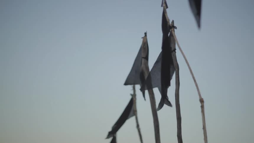 View of flags waving in wind on a cloudy day