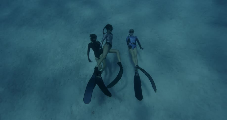 Three divers swim at the bottom of the ocean