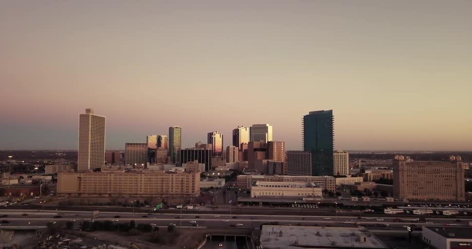 A busy city at sunset