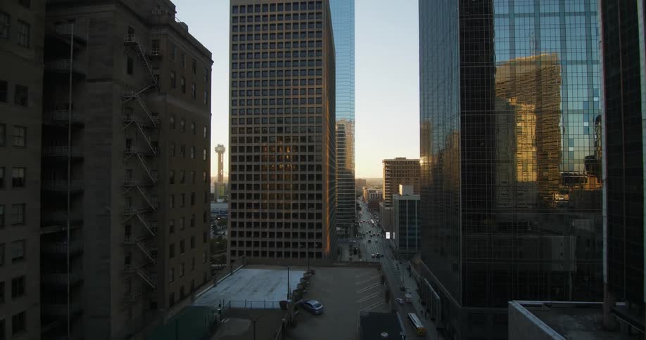 A road through city buildings