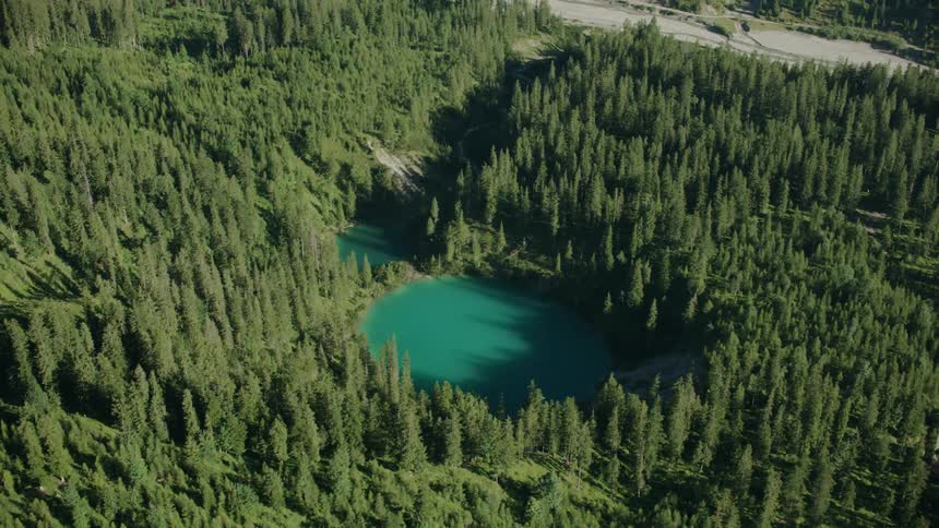 A bright blue lake sits between a forest