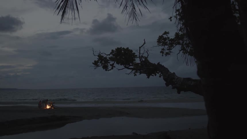 People sit by a bonfire on a beach