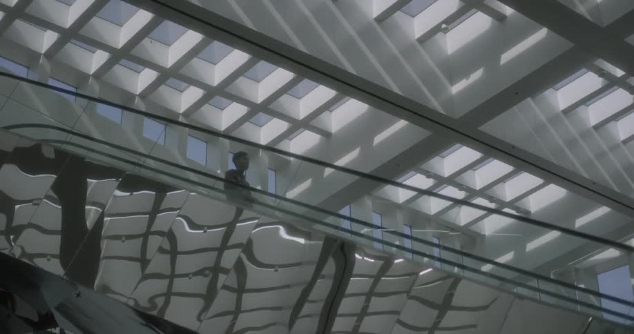 A man gets on the escalator going down
