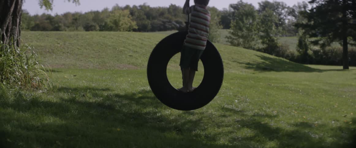 Two boys play on a tire swing on a sunny day