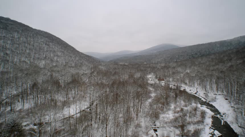 A river winds through a snow covered mountain forest