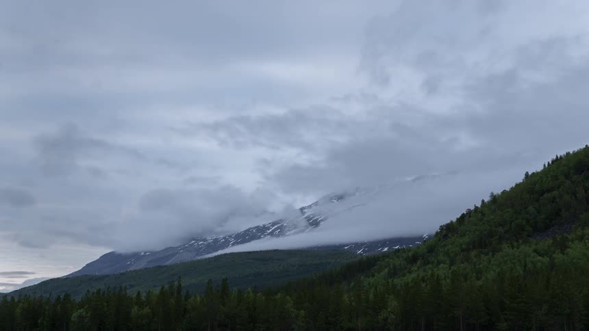 Clouds roll over mountains and trees