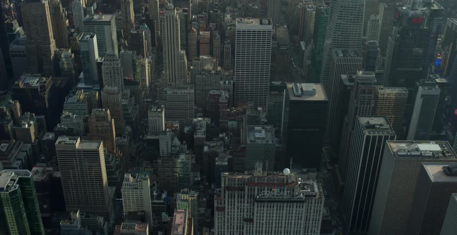 Flying over a city skyline