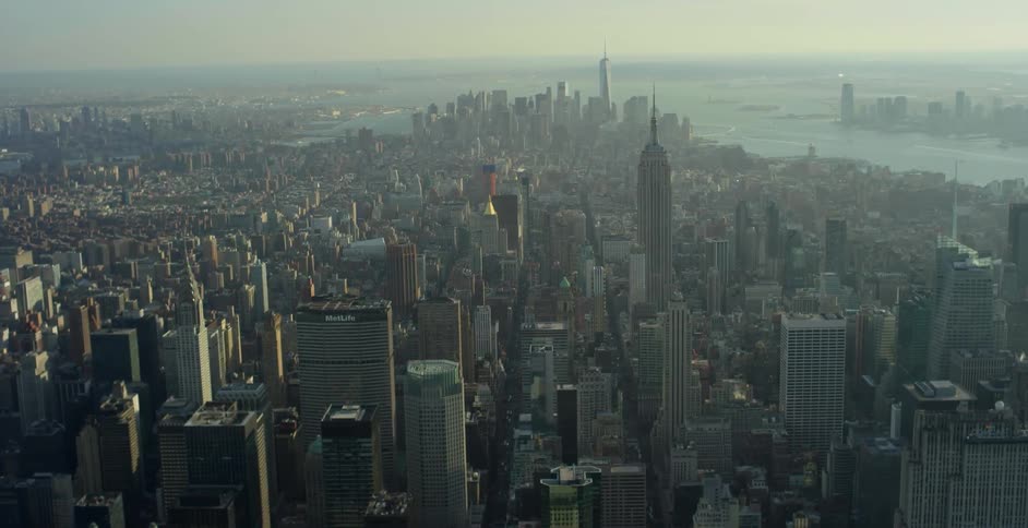 Flying over a city skyline