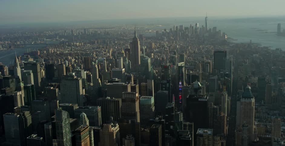 Flying over a city skyline