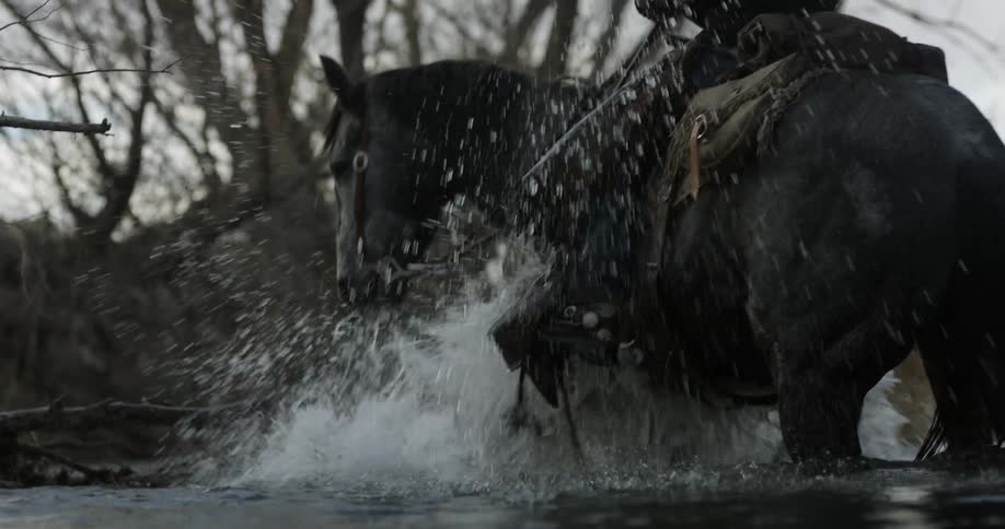 A horse splashes in a river with a cowboy on its back