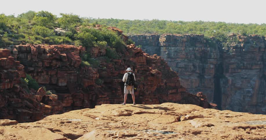 Backpack wearing man stands on canyon ledge
