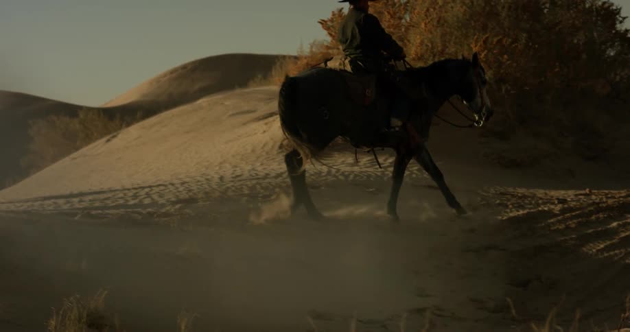 A cowboy rides a horse in the desert as dust blows around
