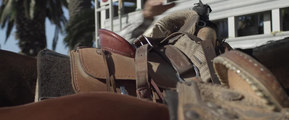 A man throws a saddle on a horse
