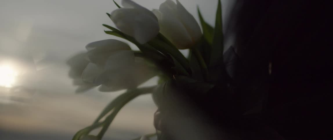 Lilies held in a woman's hand sway in the breeze