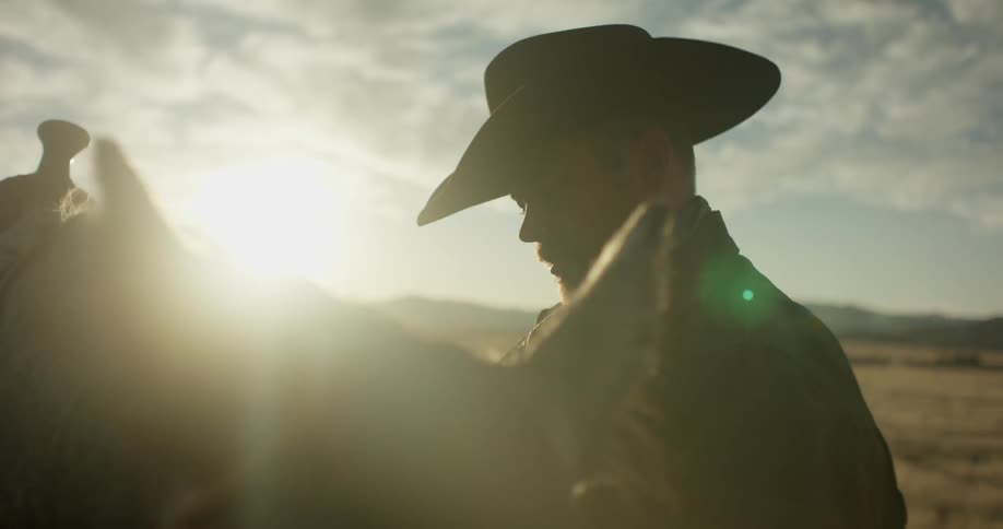 A man wearing a cowboy hat pets a horse