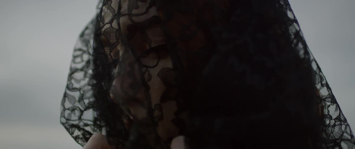 Close up of a woman's face behind a veil