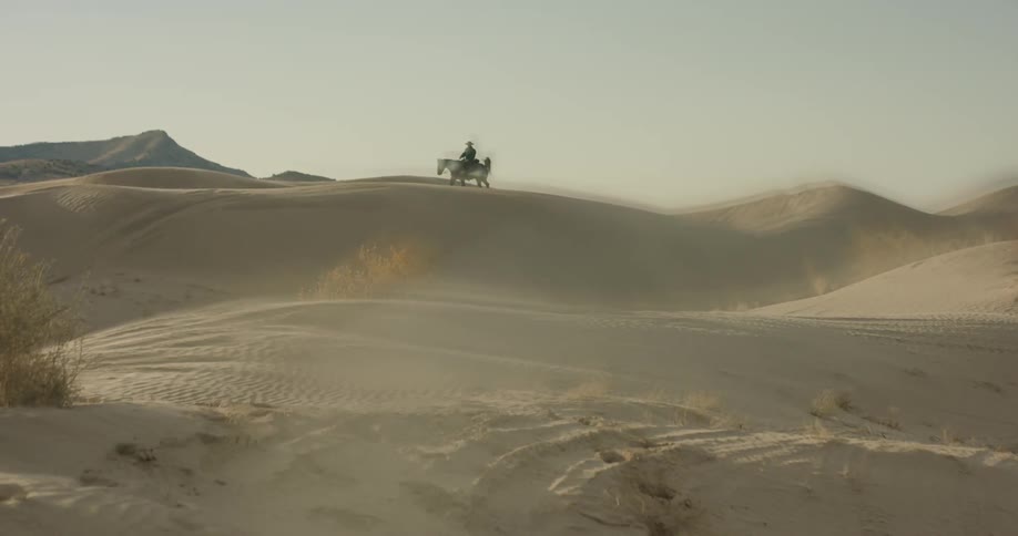 A person rides a horse along a sandy ridge