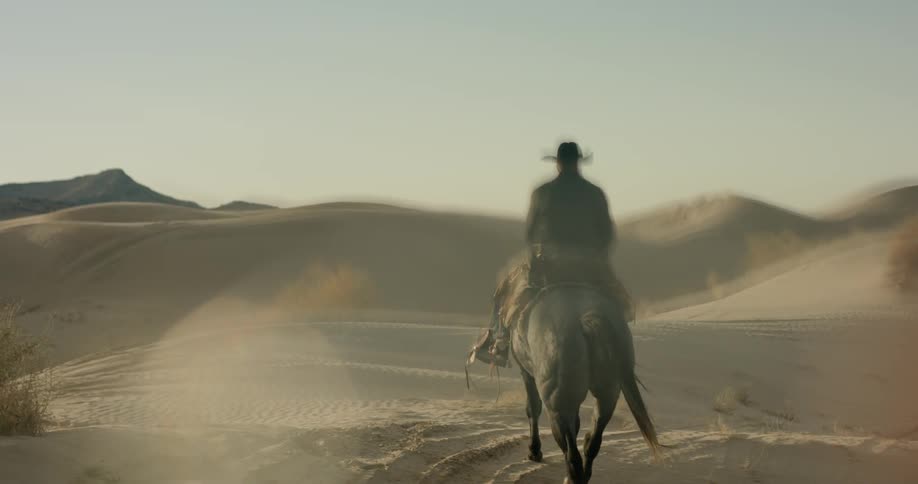 A man rides a horse on sandy dunes
