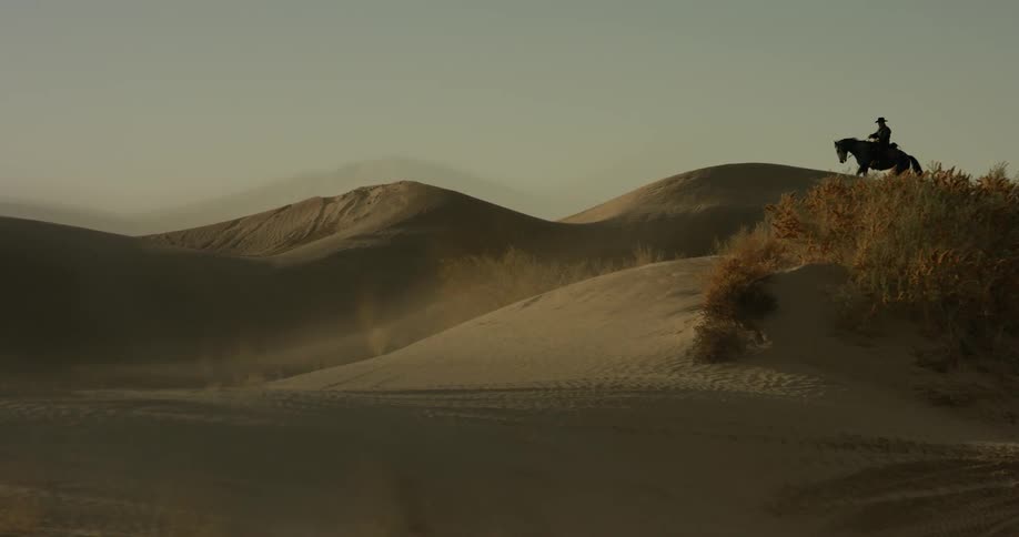 A man is riding a horse over sand dunes during the day