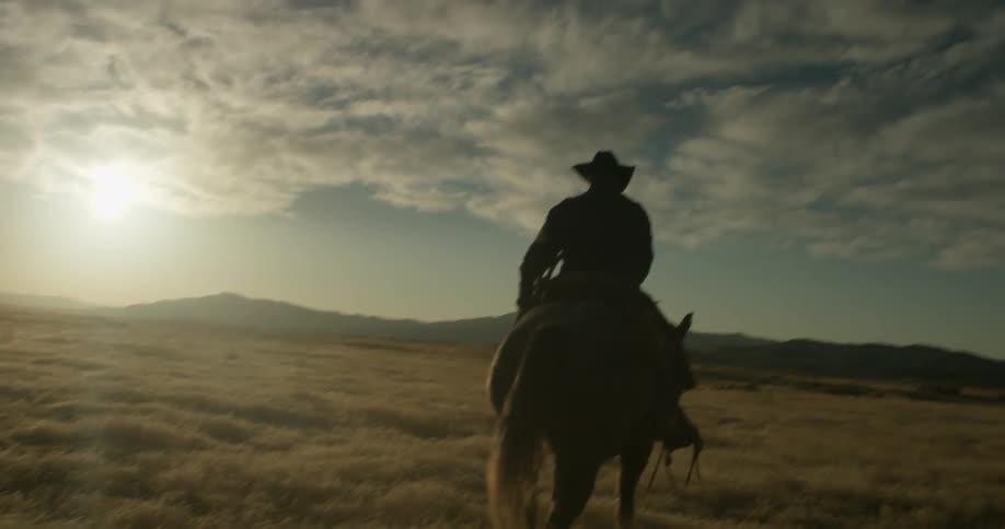 A cowboy is riding his horse over a grassy plain on a cloudy day