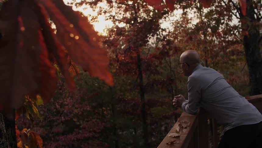 A man stands on a deck overlooking fall trees at sunset