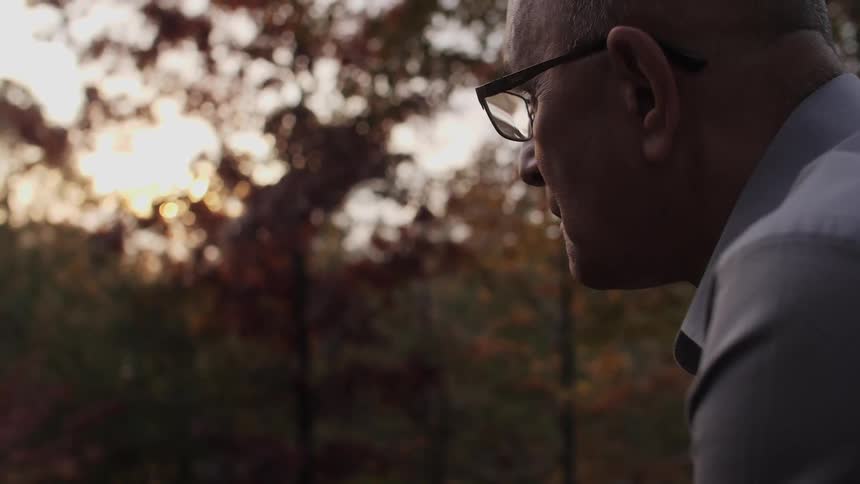 Man looks out at the trees at sunset