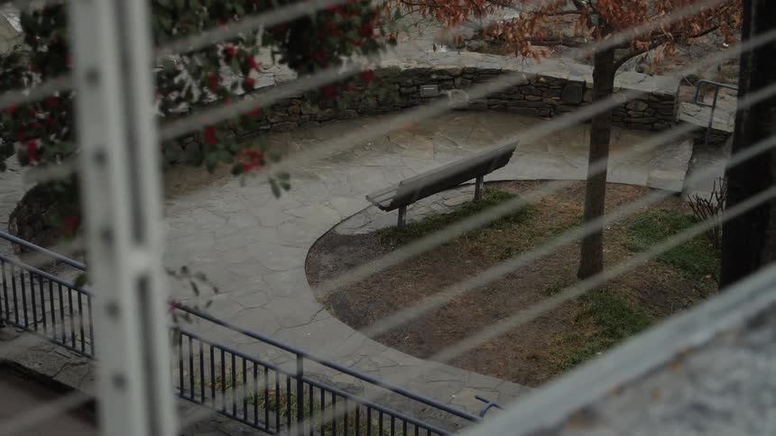 A park bench sits empty on an autumn day