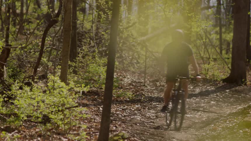 Man riding a bicycle on a trail through some woods