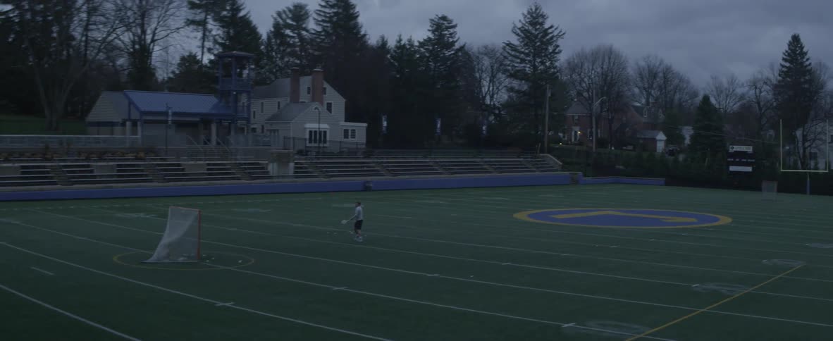 A man is tossing a ball into a goal with a lacrosse stick