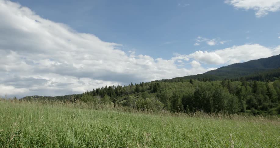Clouds float over a grassy field in the mountains