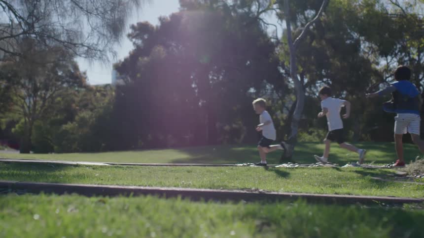 Children run on the lawn on a sunny day