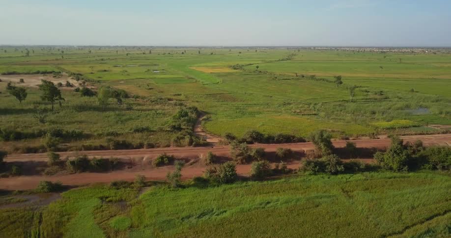 A dirt road runs through a rural area