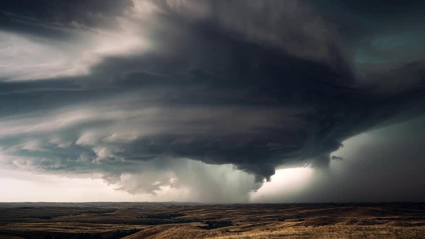 A storm brews and circulates in the sky