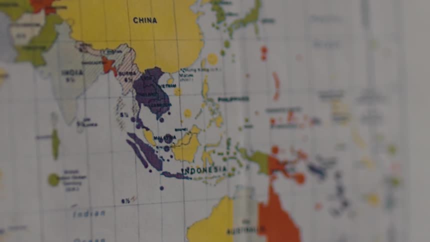 A world map is show close up