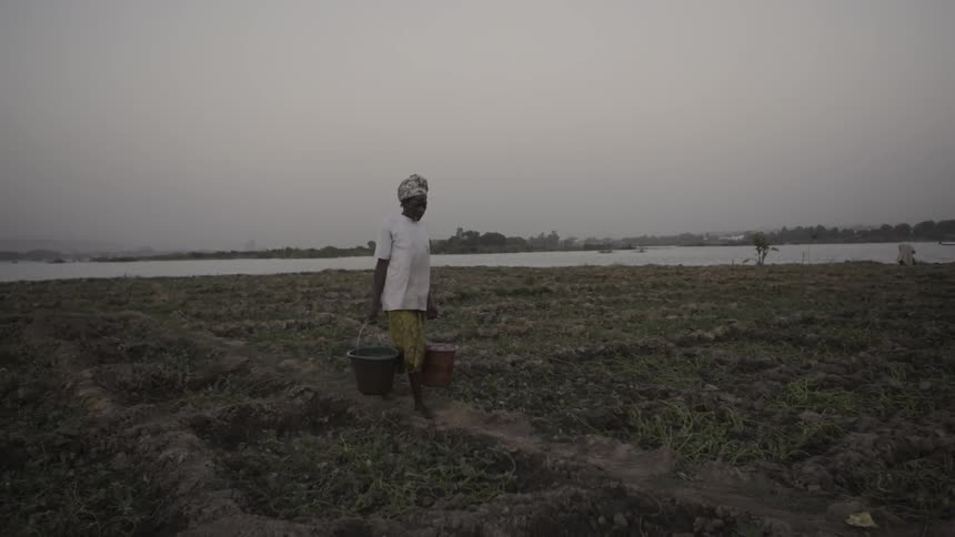 A woman carries buckets of water across a rural field