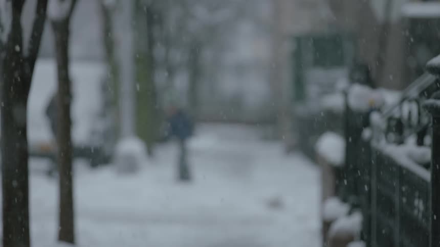 Two people walk in the snow near houses