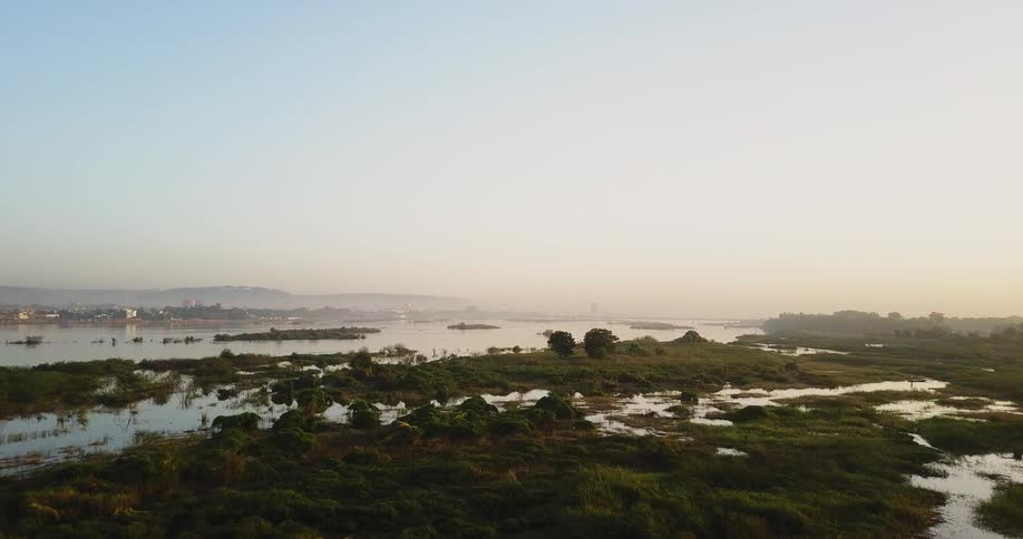 The water is surrounded by green swamps