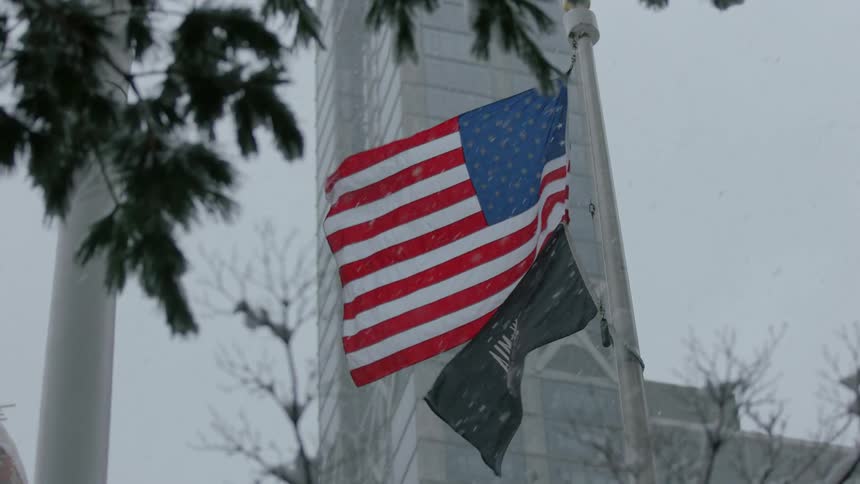 Flags flutter in a snowy wind