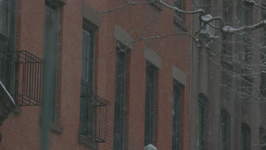 Snow falls in a city
