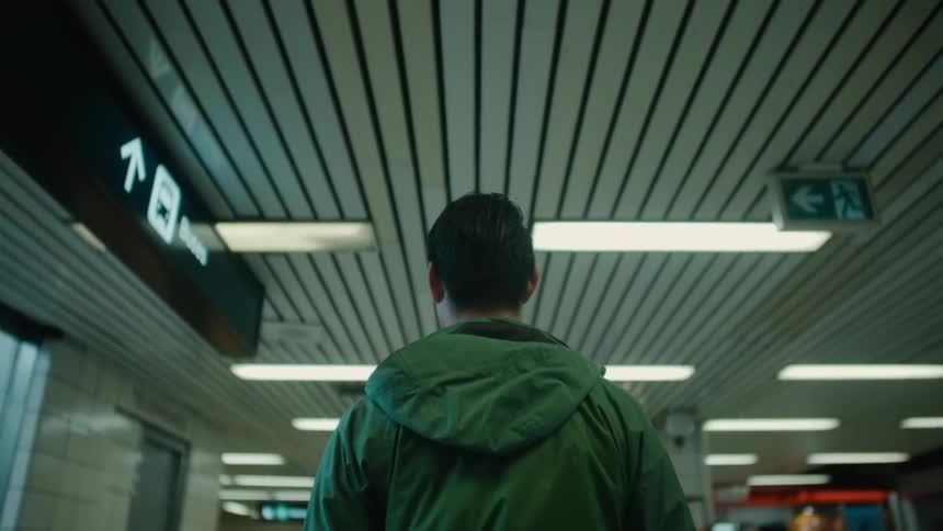 A man is walking through a transit station