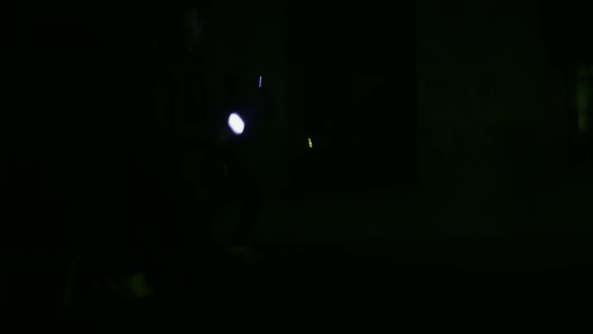 People walk in a city at night with flashlights