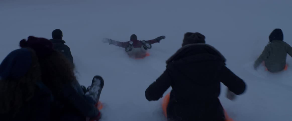 People sled down a snowy hill