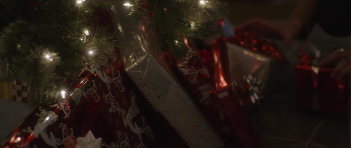 Person placing presents under a christmas tree