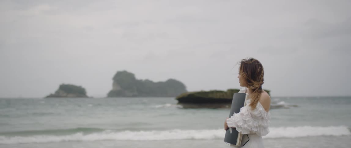 A woman is walking on the beach carrying a huge black book