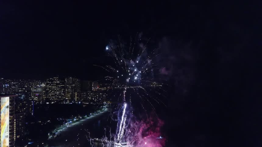 Fireworks explode over a city at night