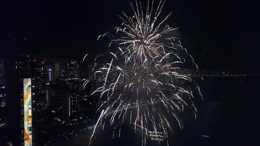 Fireworks exploding in a city at night